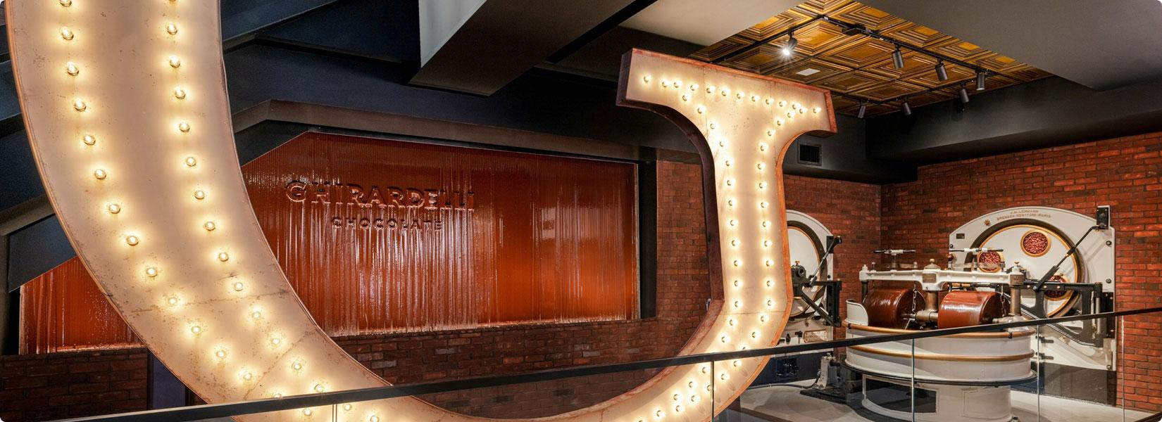 The Original Ghirardelli Chocolate & Ice Cream Shop features North America’s largest flowing chocolate wall
